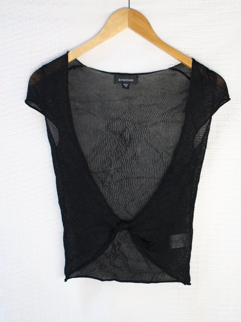 Bebe Y2K Black Sheer Metallic Knot-Front Crop Shrug Top Size XS